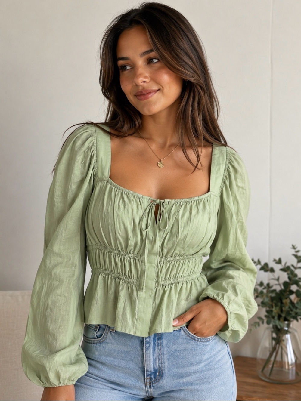 J Crew Neck Sage Green Peasant Blousey